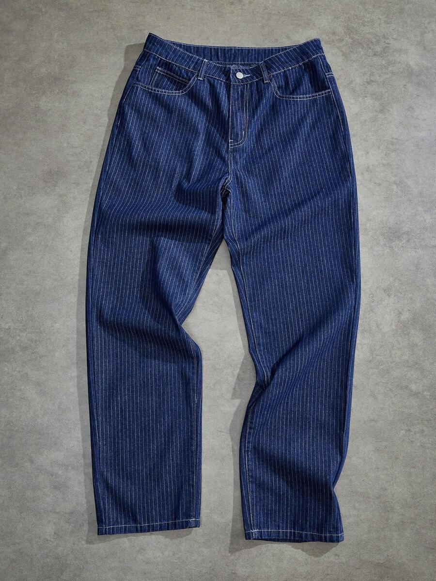 Forever 21 Men Striped Loose Fit Carpenter Jeans - Navy Blue - View 1