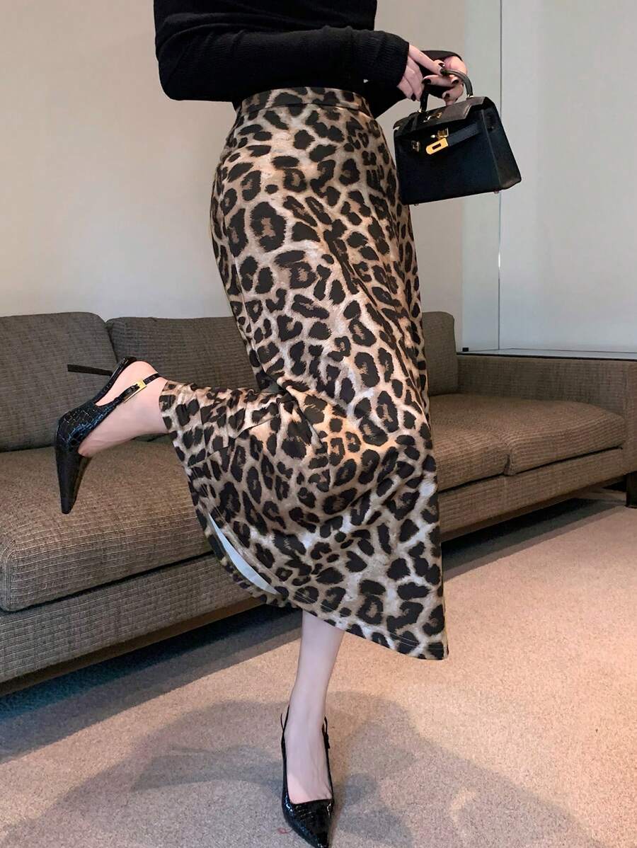 DAZY 豹纹美人鱼长裙，优雅，秋冬女装半身裙 - 棕色 - 查看 1