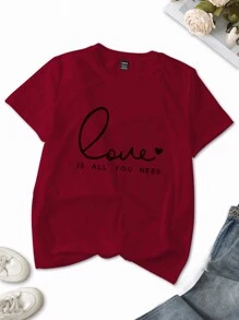 INAWLY 3 件套夏季休闲英文字母和心形印花 T 恤，短袖圆领图案 T 恤女式上衣 - 彩色 - 查看 4