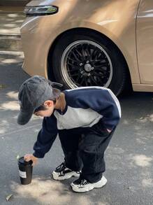 SHEIN 1pc Young Boys Raglan Sleeve Print Loose Fit Crew Neck Pullover Sweatshirt, Casual School Style, Suitable For Graphic T-Shirt, Kids Shirts, Cute T-Shirts, Everyday, School, Outings, Sports, All Seasons,In Fall/Winter - Navy Blue - View 4