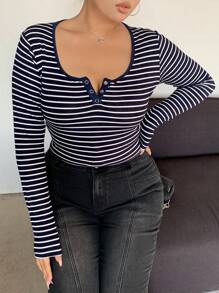 Dazy Petite Plus Crew Neck Half Placket Fitted Striped Long Sleeve Short T-Shirt, Black, Spring/Summer/Autumn - Black - View 4
