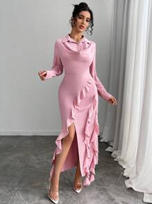 SHEIN Unity Swing Neck Long Sleeve Floral Ruffle Hem Split Dress - Pink - View 4
