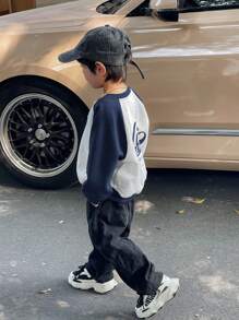 SHEIN 1pc Young Boys Raglan Sleeve Print Loose Fit Crew Neck Pullover Sweatshirt, Casual School Style, Suitable For Graphic T-Shirt, Kids Shirts, Cute T-Shirts, Everyday, School, Outings, Sports, All Seasons,In Fall/Winter - Navy Blue - View 2