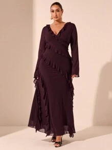 SHEIN Tall CURVE 大码长袖连衣裙，浪漫甜美荷叶边秋季连衣裙，适合约会、旅行、秋季内衣、蝴蝶结、女士夏季连衣裙、女士节日派对服装、优雅、生日服装、网眼、性感连衣裙、大码生日礼服、上衣、合身、纯色T恤、女士基本款上衣、西方女装、夏季衬衫、夏季上衣、紧身衬衫、复活节 - 酒紅色 - 查看 7