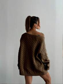 Flirla Dames Casual Losse Havermout Ronde Hals Drop Schouder Dikke Brei Trui Voor Herfst & Winter