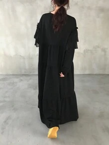 FRIFUL Women's Solid Color Round Neck Ruffle Hem Loose Midi Dress, Elegant,Fall Dress Long Sleeve Dress - Black - View 5