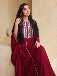 Al Najma Women's National Flower Patchwork Shoulder Sleeve Kaftan & Traditional Long Dress, Modest - Burgundy - View 4