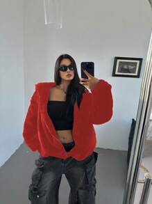 POPSWAY Plus Size Casual Solid Color Fleece Red Hoodie Fall Cloth For Women - Red - View 4