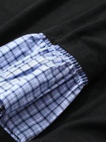 FRIFUL 女士休闲圆领插肩袖格子喇叭袖口 T 恤，秋季长袖女上衣 - 黑色 - 查看 4