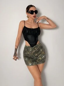 EgrlEra Women's Branch Pattern Luxury Leopard Print Sequin Embellished Mini Skirt