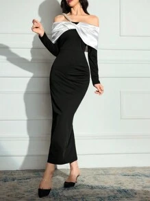 Modelyn Women's Color Block Twist Front Off Shoulder Long Sleeve Elegant Long Dress - Black - View 1
