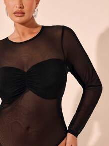 SHEIN BAE 加大码性感网眼透视紧身衣，优雅正式紧身衣，适合情人节、夏季、生日、各种场合、日常穿着、通勤 - 黑色 - 查看 5