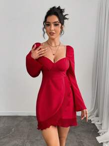 Chiquease Women's Solid Color V-Neck Flare Short Ruffle Dress, Elegant - Red - View 5