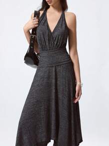 LYSMO 女士天鹅绒不对称中长连衣裙、连衣裙、派对服装 - 深灰色 - 查看 5