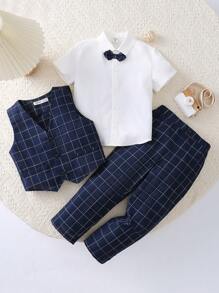 3 件套年轻男孩有领纯色短袖衬衫、格子背心、梭织长裤 3 件套绅士西装套装，适合儿童服装、男孩服装、返校、校服、幼儿园、生日派对、晚会、婚礼、洗礼、开学典礼、日常、旅游、运动、秋冬季