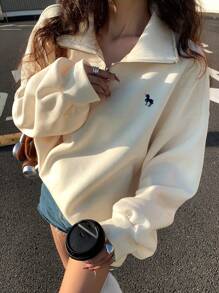 DAZY Women's Oversized Crew Neck Sweatshirt With Small Embroidery Design,Fall Clothes - Beige - View 3