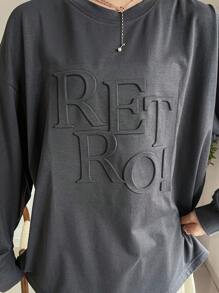 FRIFUL 女士秋季圆领落肩长袖宽松字母压花T恤