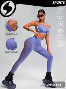 Innovista Women Washed Distressed Halter Neck Top & Hollow-Out Leggings Sports Set - Purple - View 10
