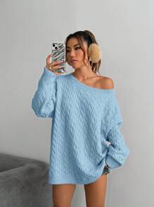 Flirla Pull épais en tricot bleu avec encolure asymétrique, épaules tombantes, style ample et décontracté pour l'hiver et l'automne - Bleu azur - Voir 3