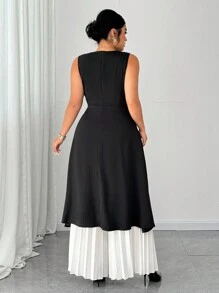 SHEIN Unity 2 Stücke Set in Große Größen: einfarbiges T-Shirt mit rundem Ausschnitt, ärmellos, asymmetrischer Saum und lange plissierte Hose, Büro- und Freizeitmode, Frühling/Sommer - Schwarz und Weiss - Übersicht 2