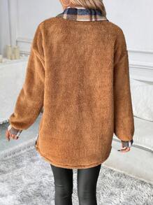 SHEIN LUNE Women's Plaid Print Pocket Teddy Bear Design Button Closure Long Sleeve Jacket - Brown - View 2