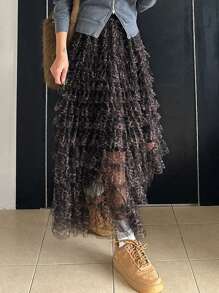 DAZY Women's Leopard Print Mesh Multi-Layer Ruffle Hem Cake Skirt - Rust Brown - View 6