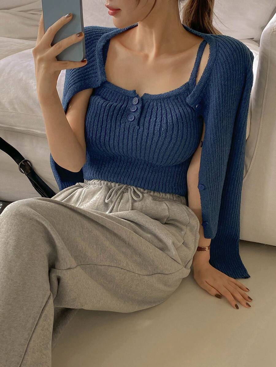 DAZY 2pcs/Set Women Camisole And Cardigan Sweater Set Fall - Blue - View 1
