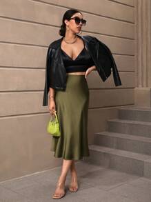 SHEIN PETITE CURVE Plus Size Solid Color Zipper Closure Skirt Mermaid Skirt People Of Shorter Stature - Army Green - View 5