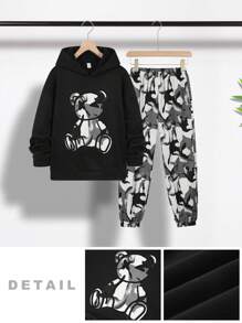 SHEIN 2pcs/Set Casual Teen Boys' Comfortable Simple Versatile Cute Soft Thick Fabric Hoodie Sweatshirt & Camo Pants Outfit, Suitable For School, Outdoors, Sports, All Seasons