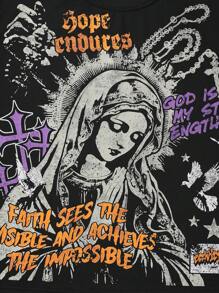 ROMWE MEN Goth Men's Virgin Mary Print Short Sleeve T-Shirt, Loose Cropped Fit