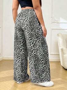 SHEIN EZwear 大码女式豹纹休闲裤，简约时尚，适合日常穿着 - 黑與白 - 查看 2