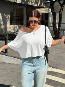 SHEIN EZwear Áo thun tay cánh dơi màu trắng cỡ lớn dành cho phụ nữ cỡ lớn - trắng - Xem 3