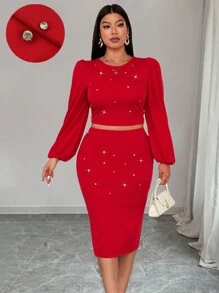 Celure 2pcs Women Plus Size Elegant Solid Color Rhinestone Decor Round Neck Puff Sleeve Christmas Party & Date Night T-Shirt With Mini Skirt Set For New Year Clothes