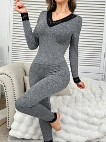 SHEIN Kontrast-Farben Spitze V-Ausschnitt Slim-Fit Samt Langarm Lange Hose Damen Thermo-Unterwäsche Set, Herbst/Winter - Grau - Übersicht 3