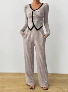 Chiquease 女式双排扣长袖上衣和口袋罗纹裤休闲套装，春/秋 - 淺灰色 - 查看 1