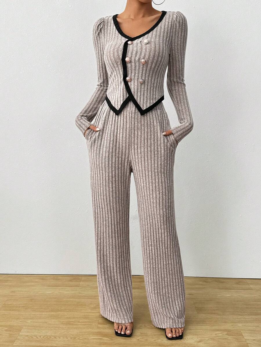 Chiquease 女式双排扣长袖上衣和口袋罗纹裤休闲套装，春/秋 - 淺灰色 - 查看 1