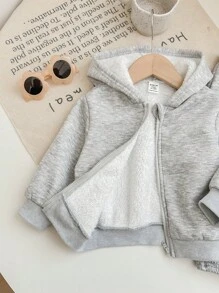 SHEIN Leap Crew 女婴/男婴中性秋冬可爱简约纯色灰色羊毛连帽运动衫和松紧腰长裤 2 件/套