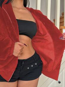 POPSWAY Plus Size Casual Solid Color Fleece Red Hoodie Fall Cloth For Women - Red - View 8