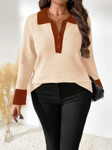 SHEIN LUNE Áo len dệt kim cổ polo tay dài màu tương phản cỡ lớn dành cho nữ thu đông - Màu be - Xem 3