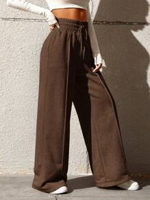 SHEIN EZwear 女士纯色抽绳腰阔腿宽松休闲运动裤，适合毕业季、教师节、返校季穿着 - 棕色 - 查看 4