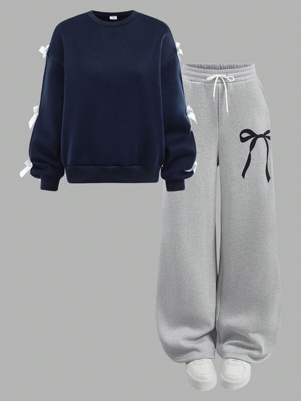 2 Stücke/Set Teenager Mädchen Lässig & Sport Strick Sweatshirt Set, Rosa Schleifen Dekor Rundhals Sweatshirt & Weite Sporthose