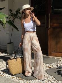 DAZY 度假宽松休闲扎染植物印花直筒裤，女款，教师裤 - 杏色 - 查看 3