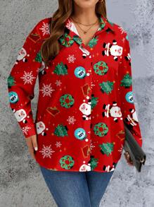 EMERY ROSE 大码女式圣诞老人花环印花休闲长袖翻领纽扣衬衫，适合圣诞派对、秋冬季上衣 - 紅色 - 查看 3