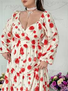 Lyrianda Plus Size Chiffon Embroidered Dress With Valentines, Rose, Heart, Polka Dot, Love, Lip, Cupid, 91D Flower Design Maxi Women Outfit