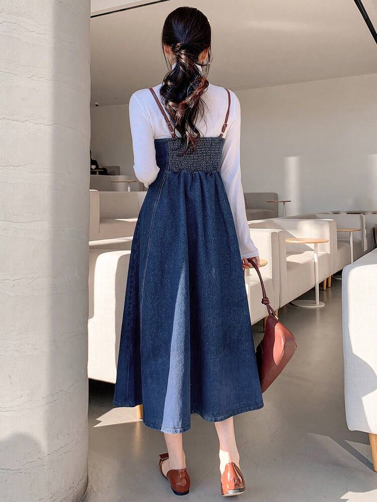 PU Patchwork Ombre Women's Denim Slip Dress,Fall Clothes