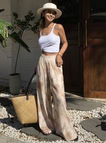 DAZY 度假宽松休闲扎染植物印花直筒裤，女款，教师裤 - 杏色 - 查看 8