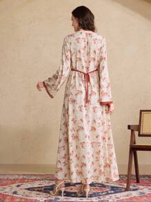 Al Najma Women's Arabic Style Color Contrast Floral Trim Flared Sleeve Dress, Spring/Summer, Modest - Multicolor - View 4