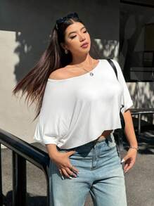 SHEIN EZwear Áo thun tay cánh dơi màu trắng cỡ lớn dành cho phụ nữ cỡ lớn - trắng - Xem 5