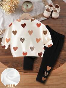 SHEIN Leap Crew Cute Leopard Print Heart Pattern, Baby Girl Casual Soft Thermal Lined Knit Crew Neck Long Sleeve Sweatshirt And Leggings Set - Multicolor - View 2