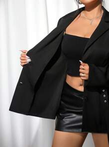 SHEIN ICON Chaqueta de traje larga de talla grande con cintura ceñida, blazer de doble botonadura, de otoño - Negro - Ver 7